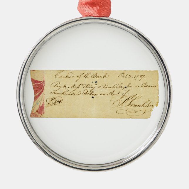 Benjamin Franklin Signed Check October 2, 1787 Metal Tree Decoration (Front)