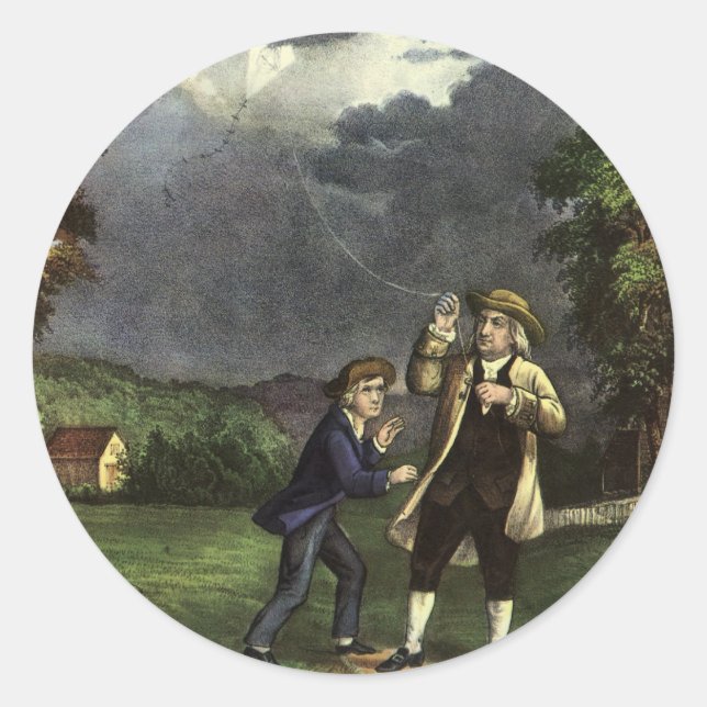 Benjamin Franklin's Lightning with Kite Experiment Classic Round Sticker (Front)