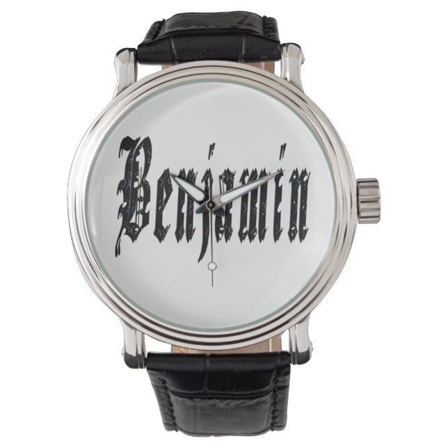Benjamin, Name, Logo, Big Black Leather Watch (Front)