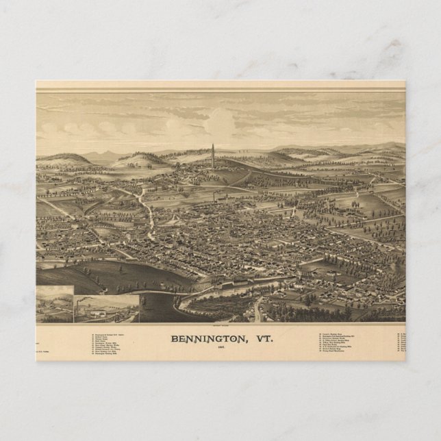 Bennington, Vermont Antique Map - 1887 Postcard (Front)