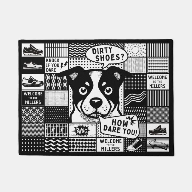 Bento grid with humour and dog in pop art style doormat (Front)