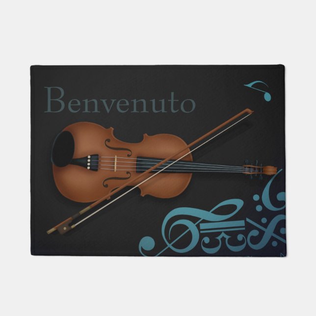 "Benvenuto" Violin & Bow Elegant Black & Turquoise Doormat (Front)