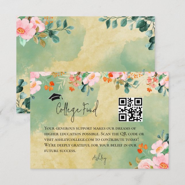 Beown pink floral botanical fund graduation enclosure card (Front/Back)
