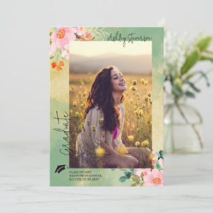 Beown pink watercolor floral botanical graduation announcement