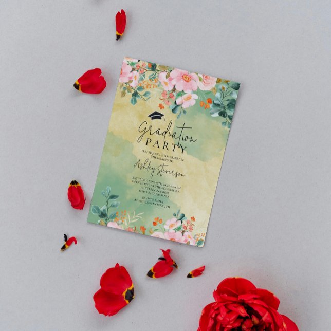 Beown pink watercolor floral botanical graduation invitation (Creator Uploaded)