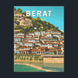Berat Albania Travel Art Vintage Postcard<br><div class="desc">Berat retro vector travel design. Berat is a city on the Osum River,  in central Albania. It's known for its white Ottoman houses.</div>