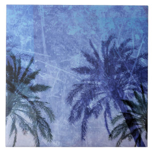 Bercelona Blue Palm tree Grunge Digital Art Design Tile