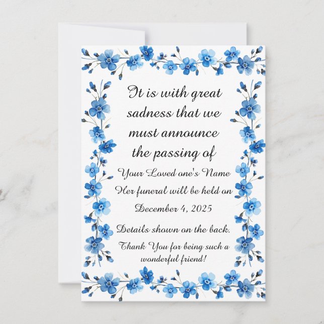 Bereavement Funeral Notification of Passing Card (Front)