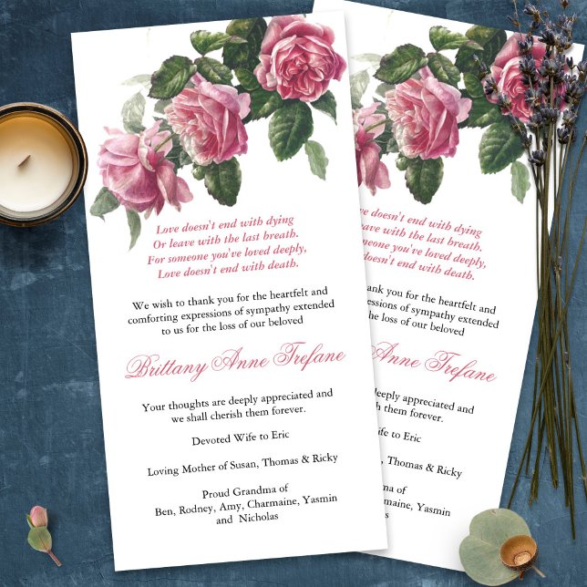 Bereavement Loss Rose Funeral Thank You Cards (funeral thank you cards, bereavement, elegant, simple, celebration of life, sympathy card)