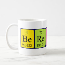 Mug featuring the name Berengere spelled out in symbols of the chemical elements