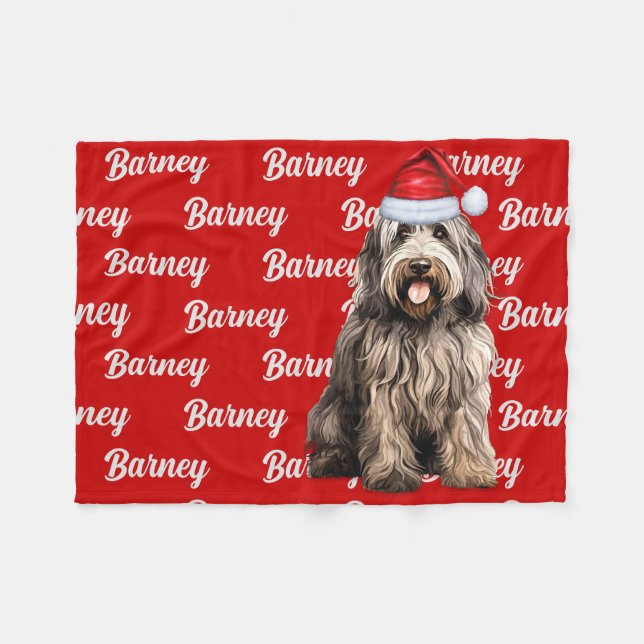 Bergamasco on Red with Name Christmas Dog Fleece Blanket (Front (Horizontal))