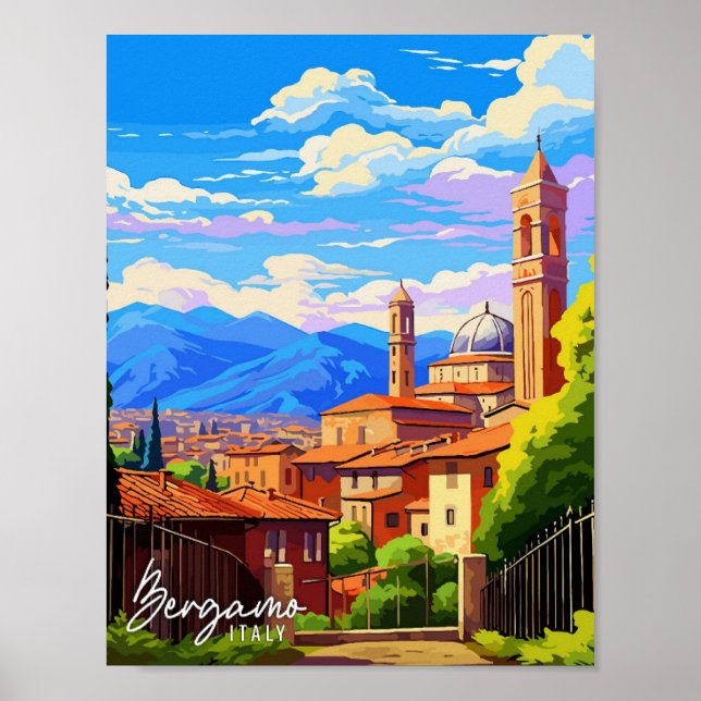 Bergamo Italy Art vintage travel illustration Poster (Front)
