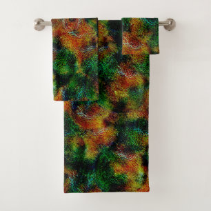 Bergamot skin texture in green and strong orange   bath towel set