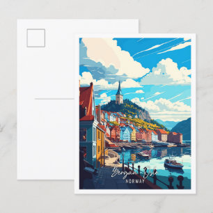 Bergan Oslo Norway Art vintage travel illustration Postcard