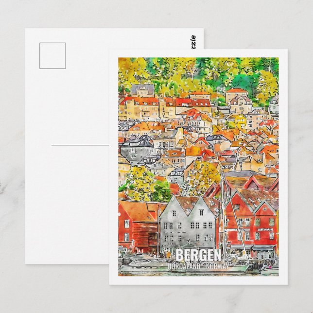Bergen Hordaland Norway Travel Place Watercolor Postcard (Front/Back)