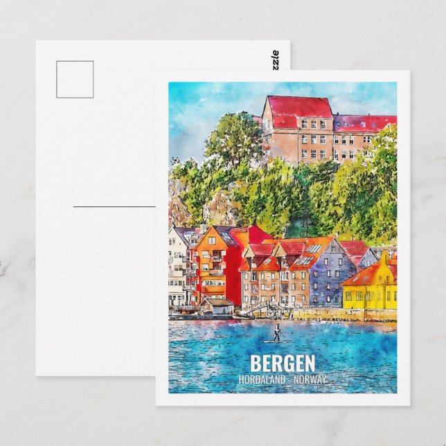 Bergen Hordaland Norway Travel Place Watercolor Postcard (Front/Back)