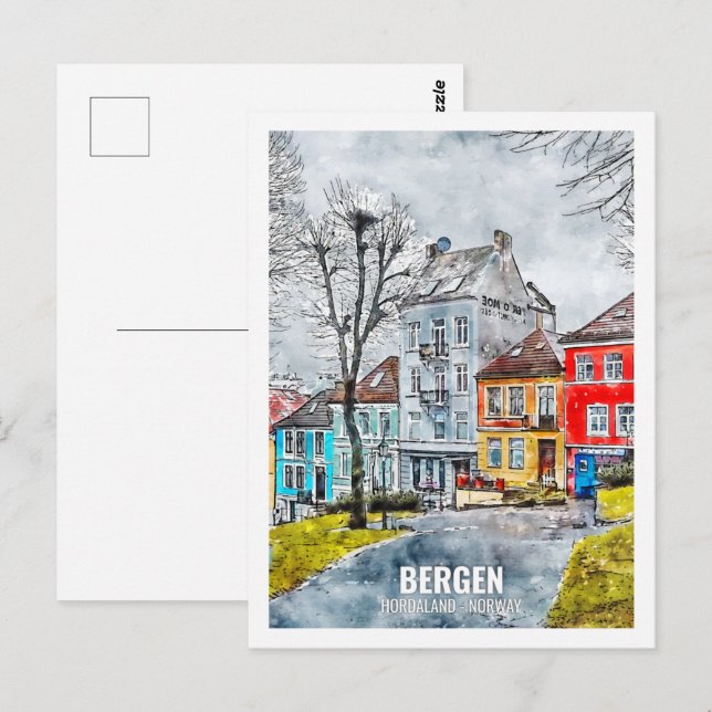 Bergen Hordaland Norway Travel Place Watercolor Postcard (Front/Back)