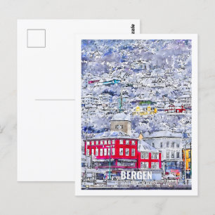 Bergen Hordaland Norway Travel Place Watercolor Postcard