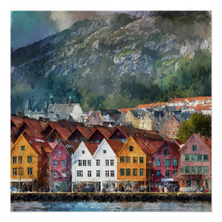 Bergen Norway Beautiful Colourful Houses Vintage  Poster