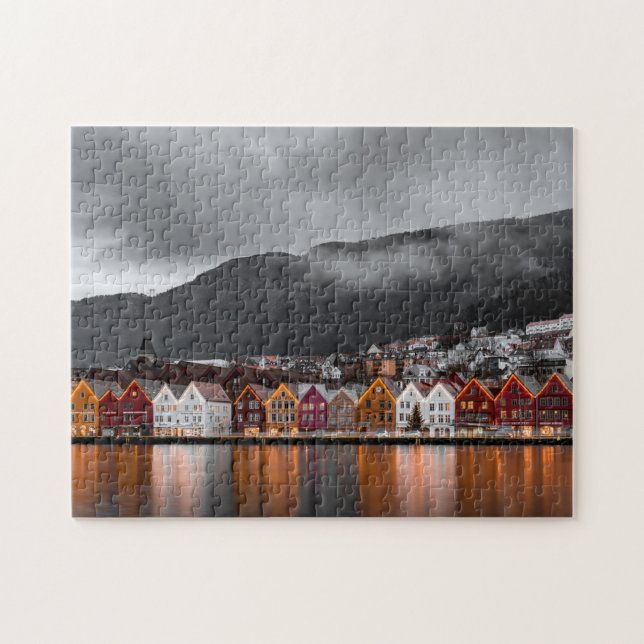 Bergen Norway Colourful Houses Northern Lights Jigsaw Puzzle (Horizontal)