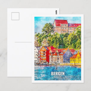 Bergen Norway Famous Travel Watercolor Sketch Postcard