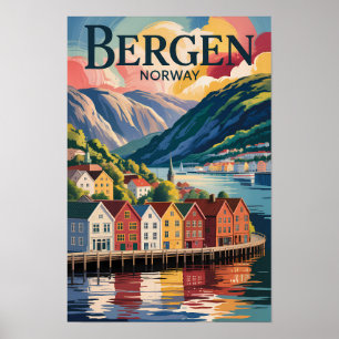 Bergen Norway Illustration Travel Art Vintage Poster