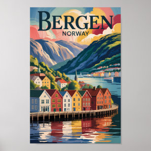 Bergen Norway Illustration Travel Art Vintage Poster