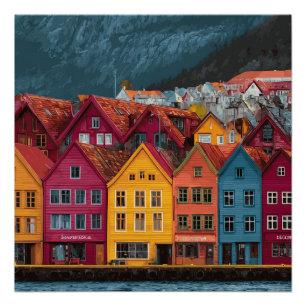 Bergen Norway Small Seaside Settlement Vintage Poster