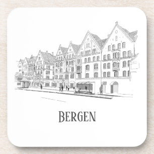 Bergen Norway Streetscape Beautiful Line Drawing Coaster