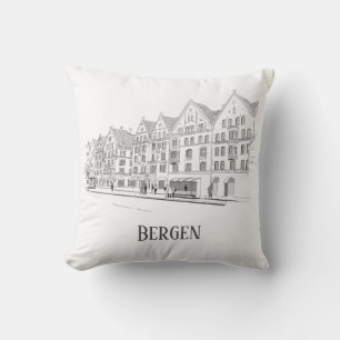 Bergen Norway Streetscape Beautiful Line Drawing Cushion