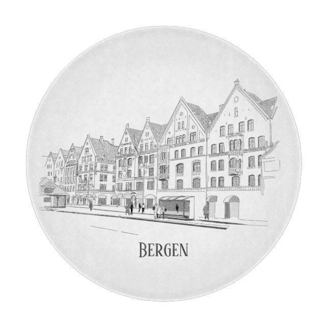Bergen Norway Streetscape Beautiful Line Drawing Cutting Board (Front)