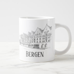 Bergen Norway Streetscape Beautiful Line Drawing Large Coffee Mug