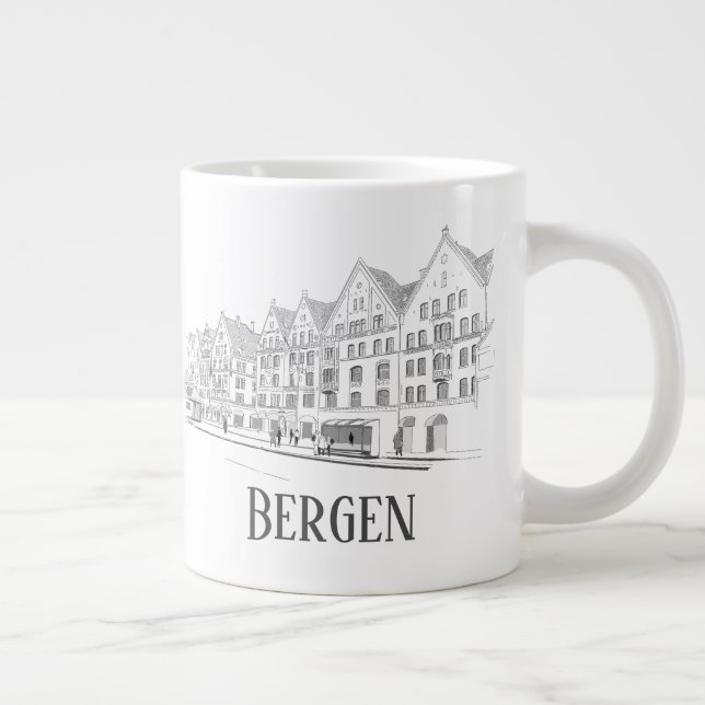 Bergen Norway Streetscape Beautiful Line Drawing Large Coffee Mug (Right)