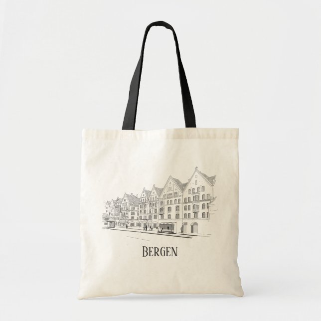 Bergen Norway Streetscape Beautiful Line Drawing Tote Bag (Front)