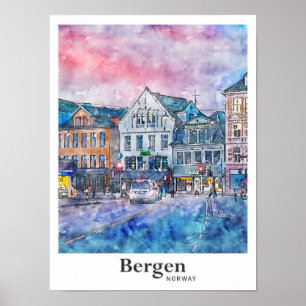 Bergen Norway Travel Watercolor Sketch Hand Drawn  Poster