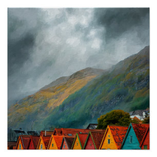 Bergen Norway Vibrant Wooden Houses Vintage Travel Poster