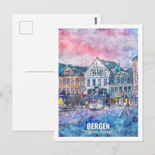 Bergen Vestland Norway Travel Place Watercolor Postcard (Front/Back)