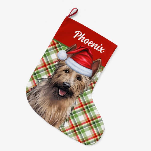 Berger Picard Holiday Plaid with Dog's Name Large Christmas Stocking (Front (Hanging))