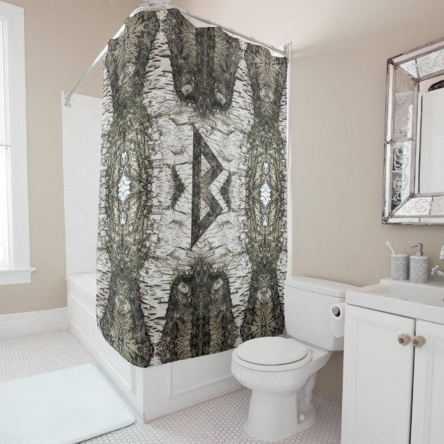 Berkana Celtic Rune on Birch Bark Shower Curtain (In Situ)