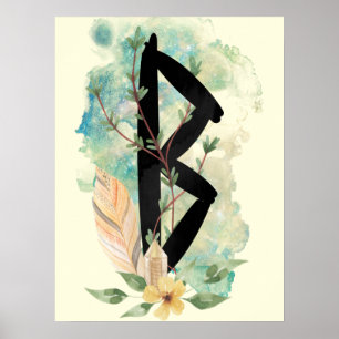 Berkano Floral Green & Yellow Norse Futhark Rune Poster