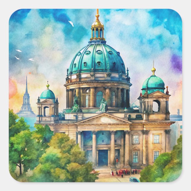 Berlin Dome Watercolor Painting Square Sticker (Front)