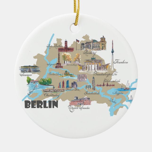 Berlin Favourite Map with sightseeing Highlights Ceramic Tree Decoration (Front)