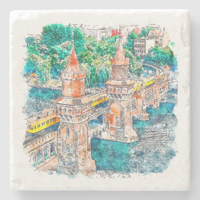 Berlin Germany Hand Drawn Watercolor Sketch Stone Coaster (Front)