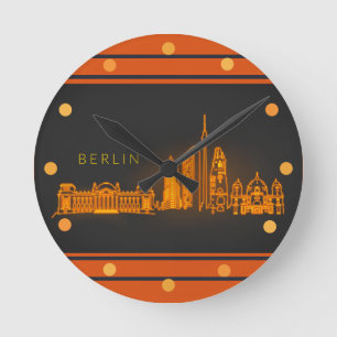 Berlin Skyline Orange Neon Look Cityscape  Wall Round Clock