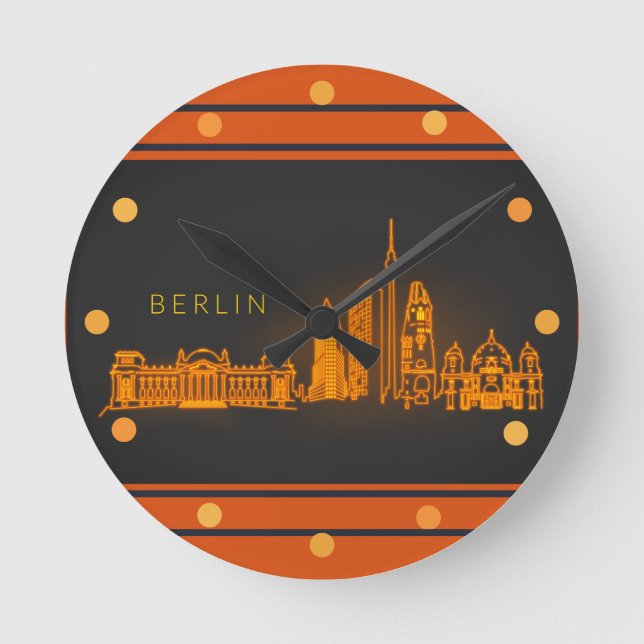 Berlin Skyline Orange Neon Look Cityscape  Wall Round Clock (Front)