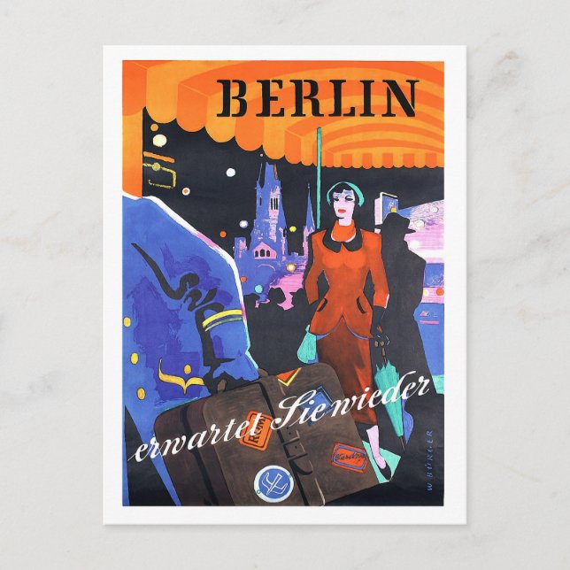 Berlin, woman in front of a hotel, vintage, travel postcard (Front)