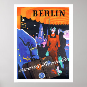 Berlin, woman in front of a hotel, vintage, travel poster