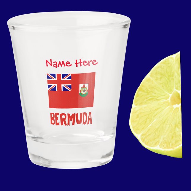 Bermuda Bermudia Flag Red Personalisation  Shot Glass (Bermudan Flag on shot glass has the word BERMUDA below in flag colors. Add name above in red text.)