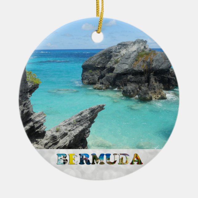 Bermuda Blue Ocean Rocky Beach Photo Christmas Ceramic Tree Decoration (Front)