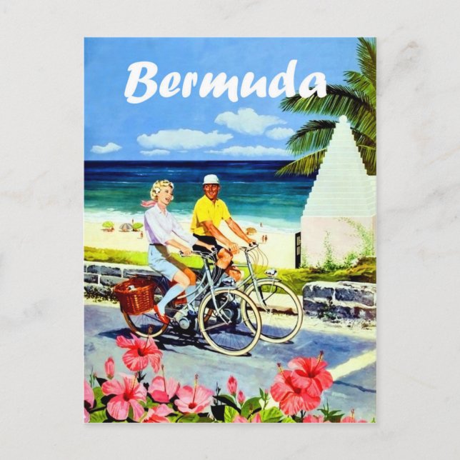 Bermuda, couple bicycling near beach, vintage postcard (Front)